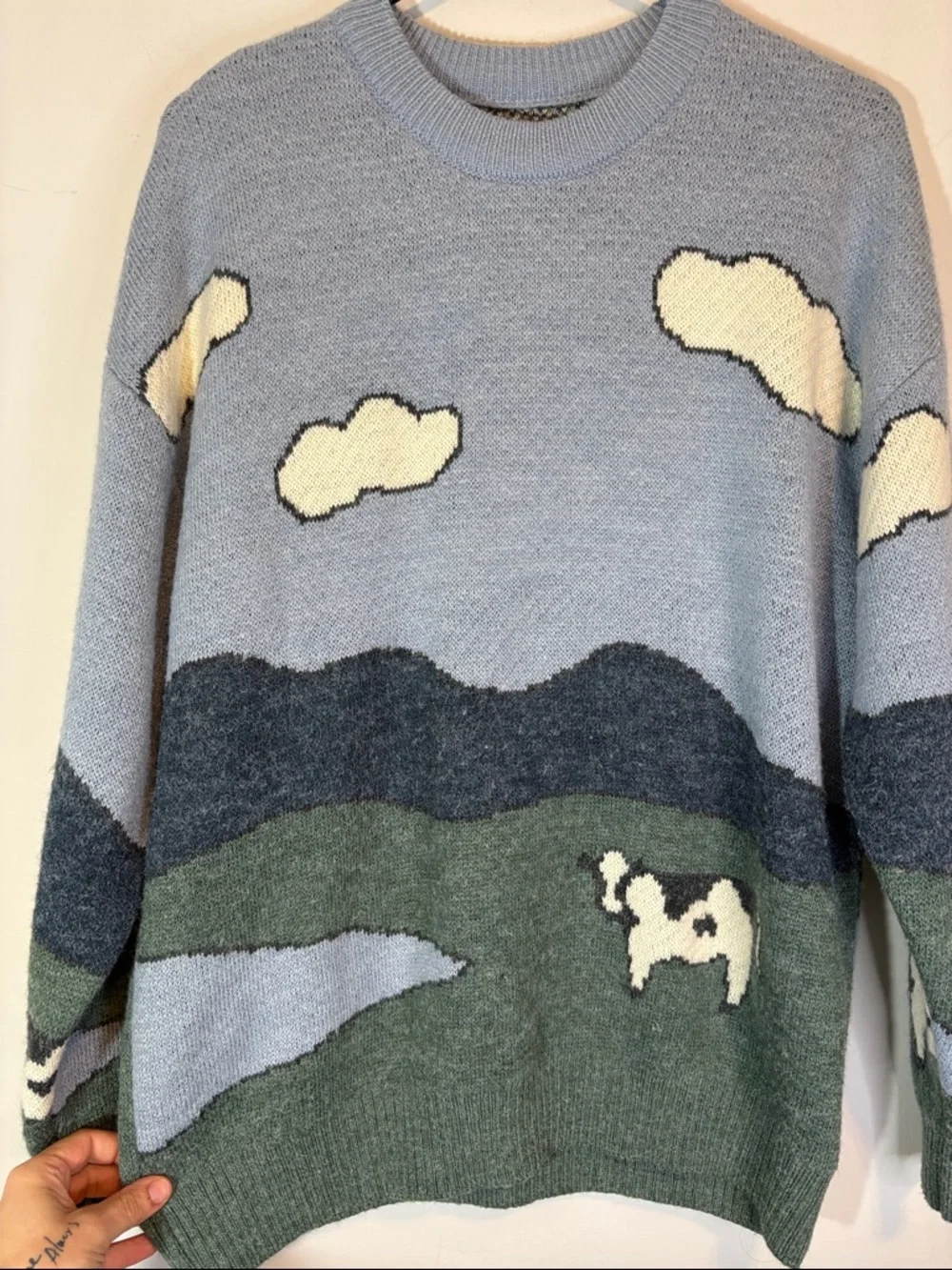 Cows In Pasture Graphic Knit Cloudy Sky Cow Print Grandpa Sweater Crewneck - Picture 3 of 7